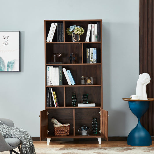 2 Doors Wood Storage Cabinet With 7 Open Storage Shelf_0