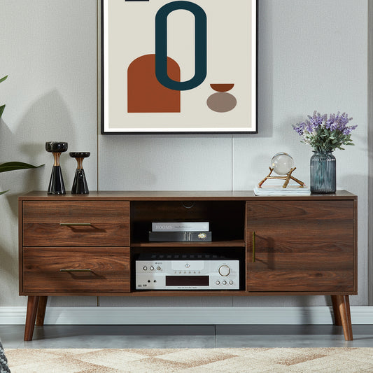 55" TV Stand with 4 Drawers and 2 Open Shelves-Walnut Wood_0