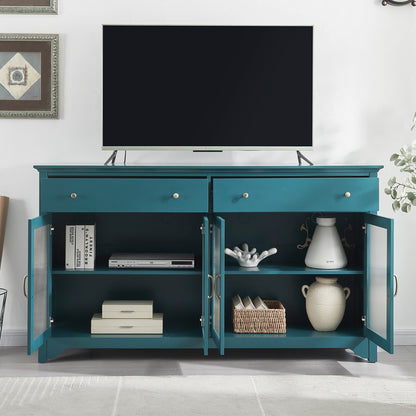 66" TV Storage Buffet Cabinet with Glass Door and Adjustable Shelves, Console Table-Teal Blue_2
