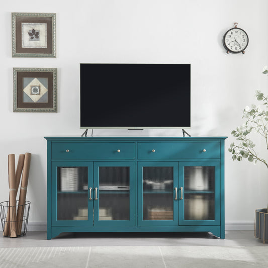 66" TV Storage Buffet Cabinet with Glass Door and Adjustable Shelves, Console Table-Teal Blue_0