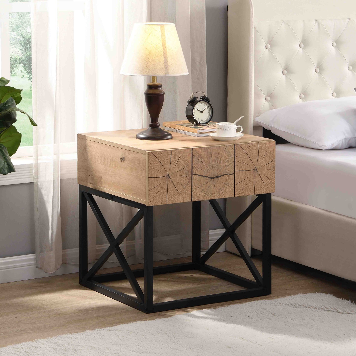 21.65'' Metal and Wood Night Stand Bedside Table with Drawer_0