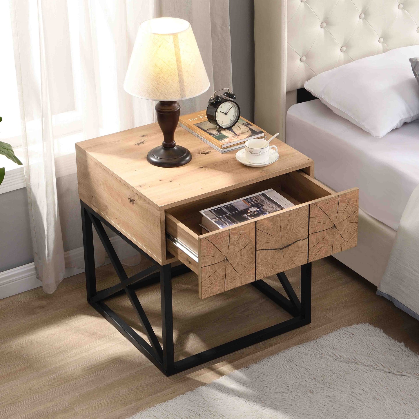 21.65'' Metal and Wood Night Stand Bedside Table with Drawer_1