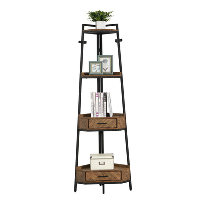 72.64'' Tall 4-tier Corner Shelf Bookcase with Two Drawers-Black_3