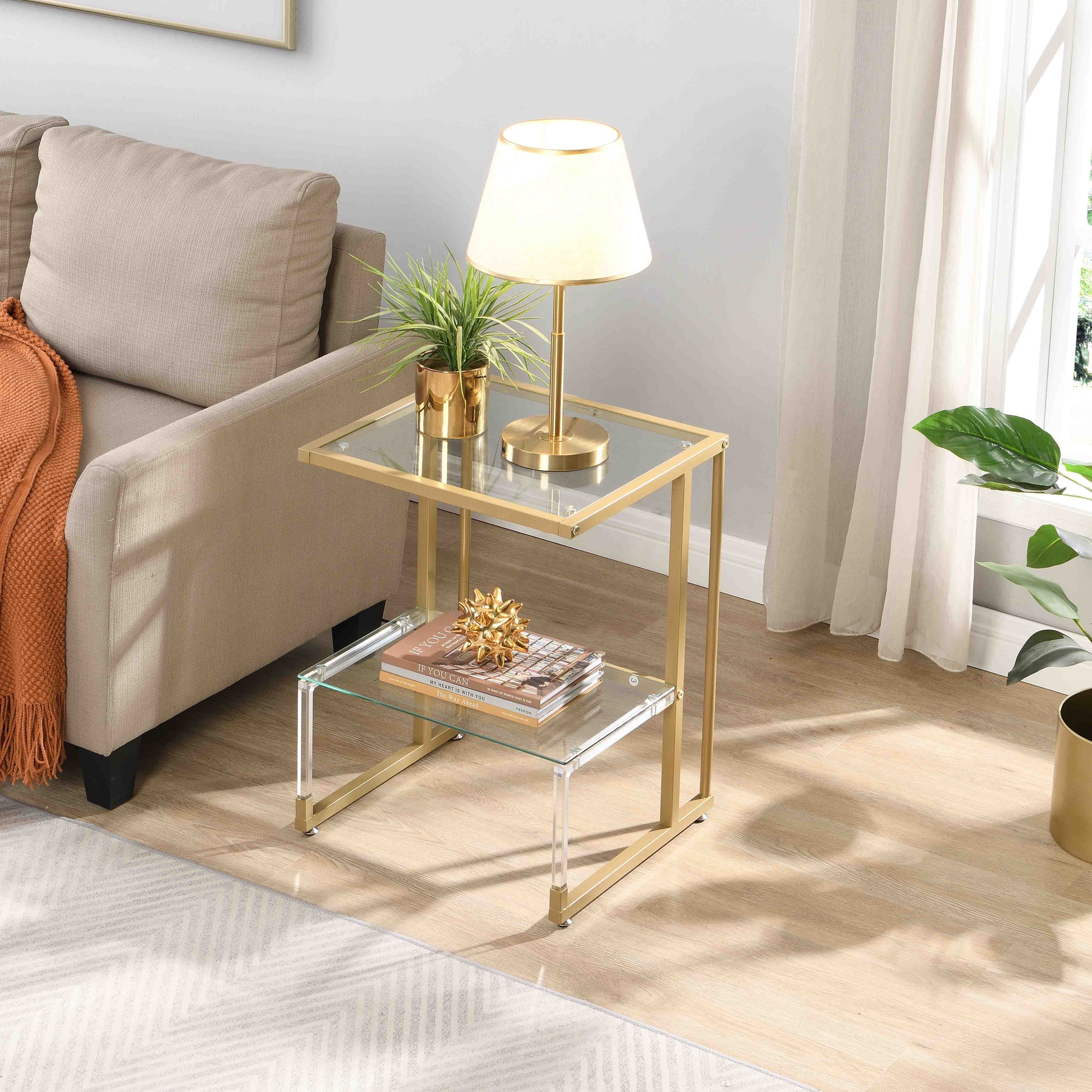 2-Tier Acrylic Glass End Table with Golden Side for Living Room_1