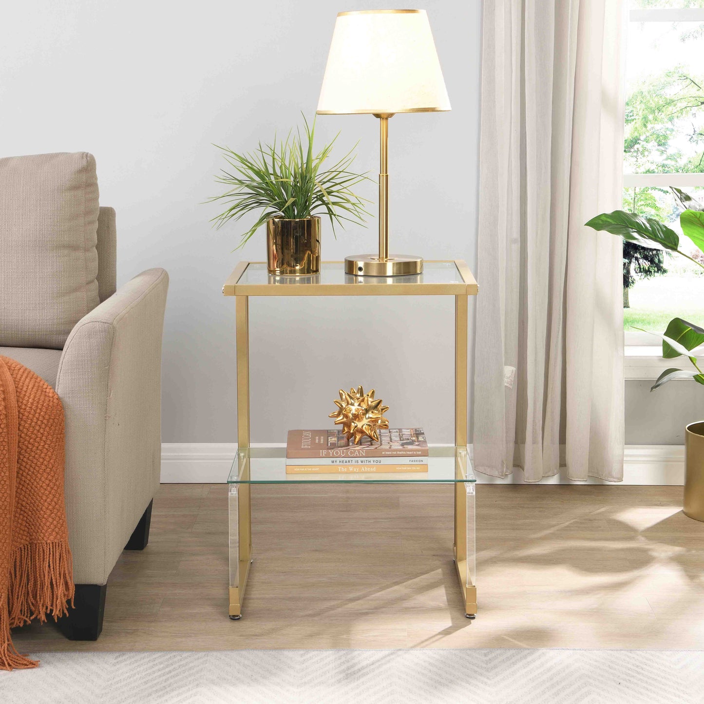 2-Tier Acrylic Glass End Table with Golden Side for Living Room_2