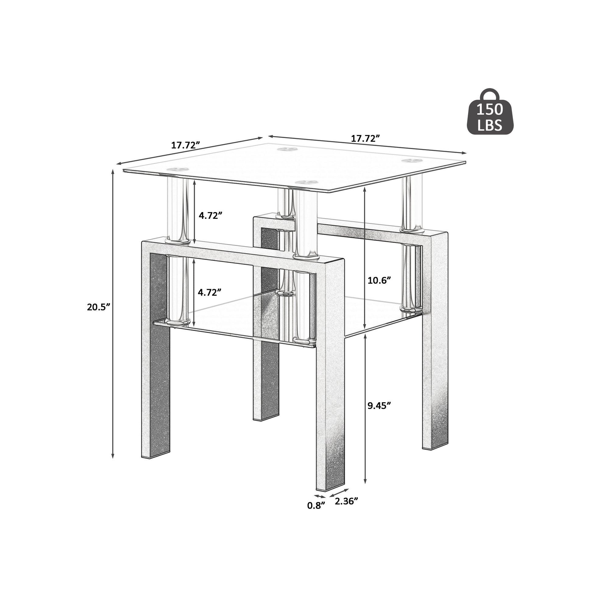 Modern Tempered Glass Coffee and Tea Table Square End Table in Black_8