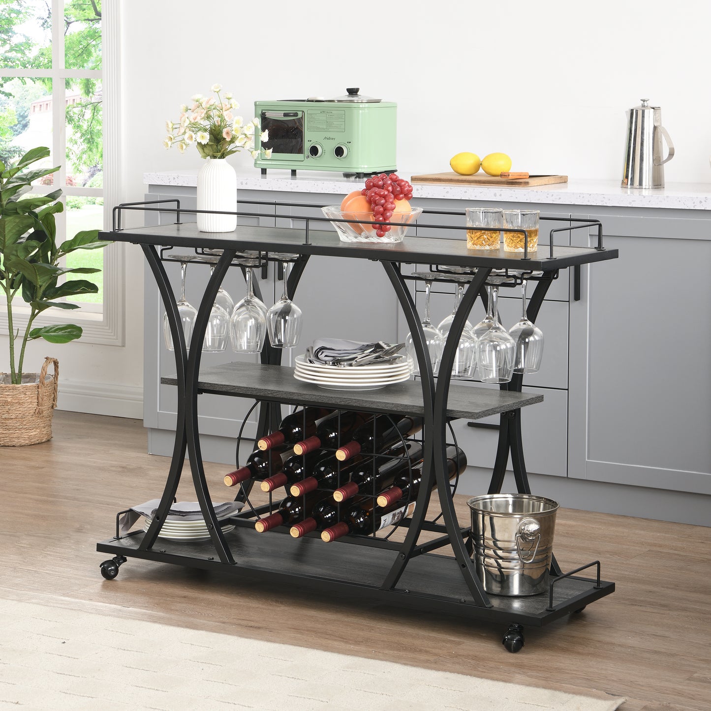 Kitchen 3 -Tier Storage Shelves Cart with Wine Rack-Black_2