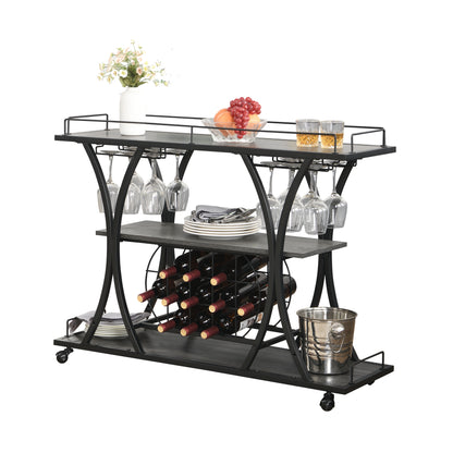 Kitchen 3 -Tier Storage Shelves Cart with Wine Rack-Black_8
