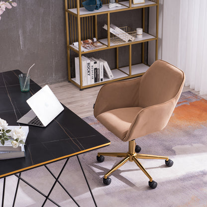 360° Revolving Modern Design Velvet Home and Office Chair with Metal Legs- Light Coffee_1