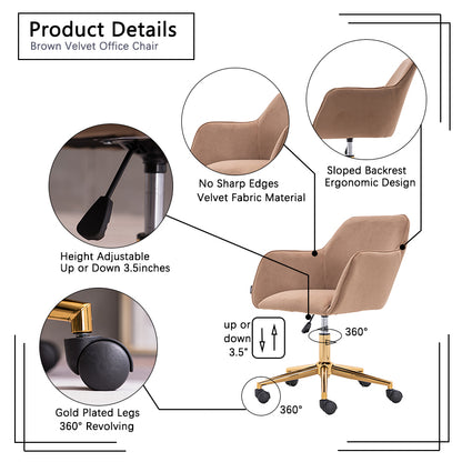 360° Revolving Modern Design Velvet Home and Office Chair with Metal Legs- Light Coffee_18