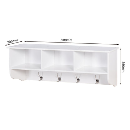 Entryway Wall Mounted Coat Rack with 4 Dual Hooks Wooden Shelf- White_6