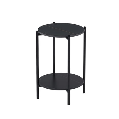 2-layer End Table with Whole  Marble Tabletop, Round Coffee Table with Black Metal Frame for Bedroom Living Room Office (black,1 piece)_4