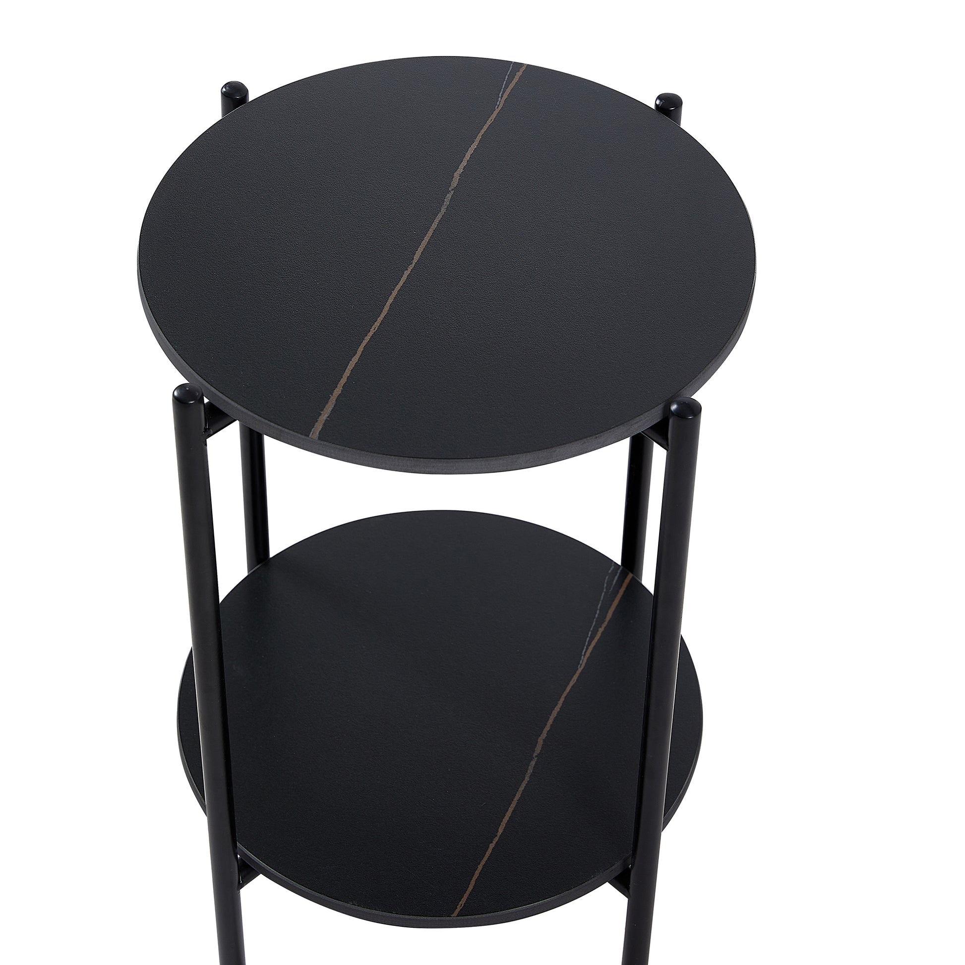 2-layer End Table with Whole  Marble Tabletop, Round Coffee Table with Black Metal Frame for Bedroom Living Room Office (black,1 piece)_2