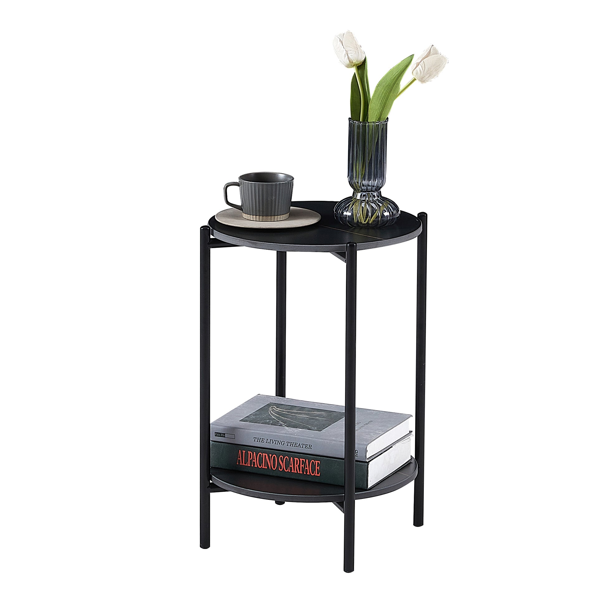 2-layer End Table with Whole  Marble Tabletop, Round Coffee Table with Black Metal Frame for Bedroom Living Room Office (black,1 piece)_5