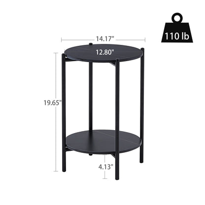 2-layer End Table with Whole  Marble Tabletop, Round Coffee Table with Black Metal Frame for Bedroom Living Room Office (black,1 piece)_10