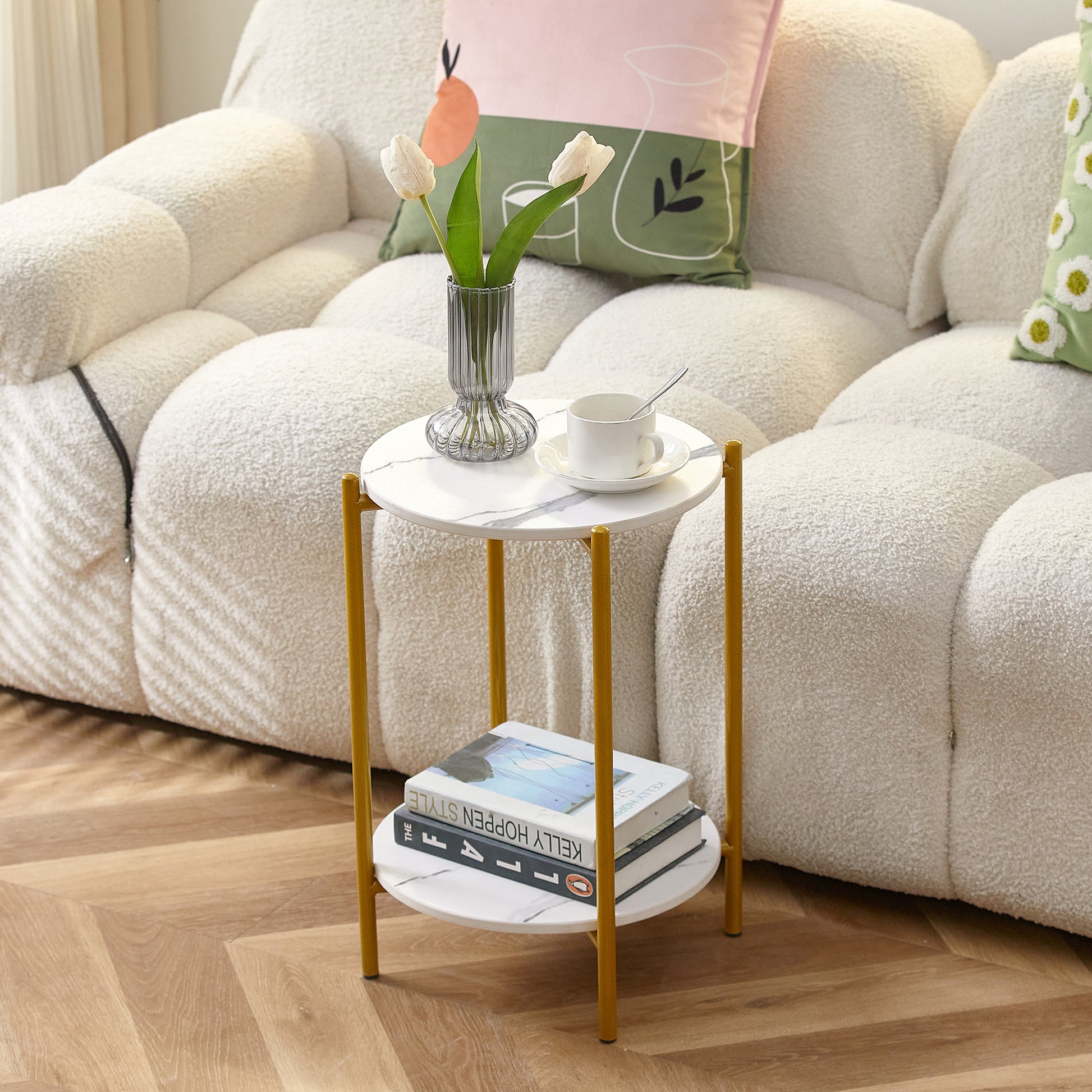 2 Layered Indoor and Outdoor Metal Coffee Table for Home and Office- Marble, Golden_3