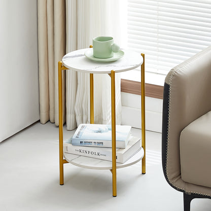 2 Layered Indoor and Outdoor Metal Coffee Table for Home and Office- Marble, Golden_0