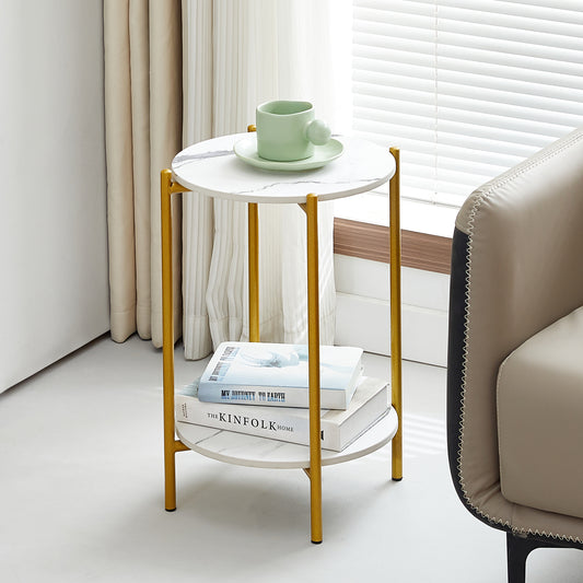 2 Layered Indoor and Outdoor Metal Coffee Table for Home and Office- Marble, Golden_0