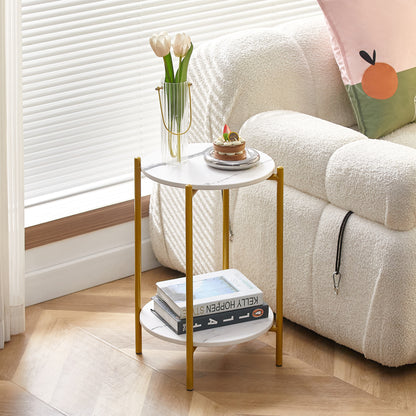 2 Layered Indoor and Outdoor Metal Coffee Table for Home and Office- Marble, Golden_2