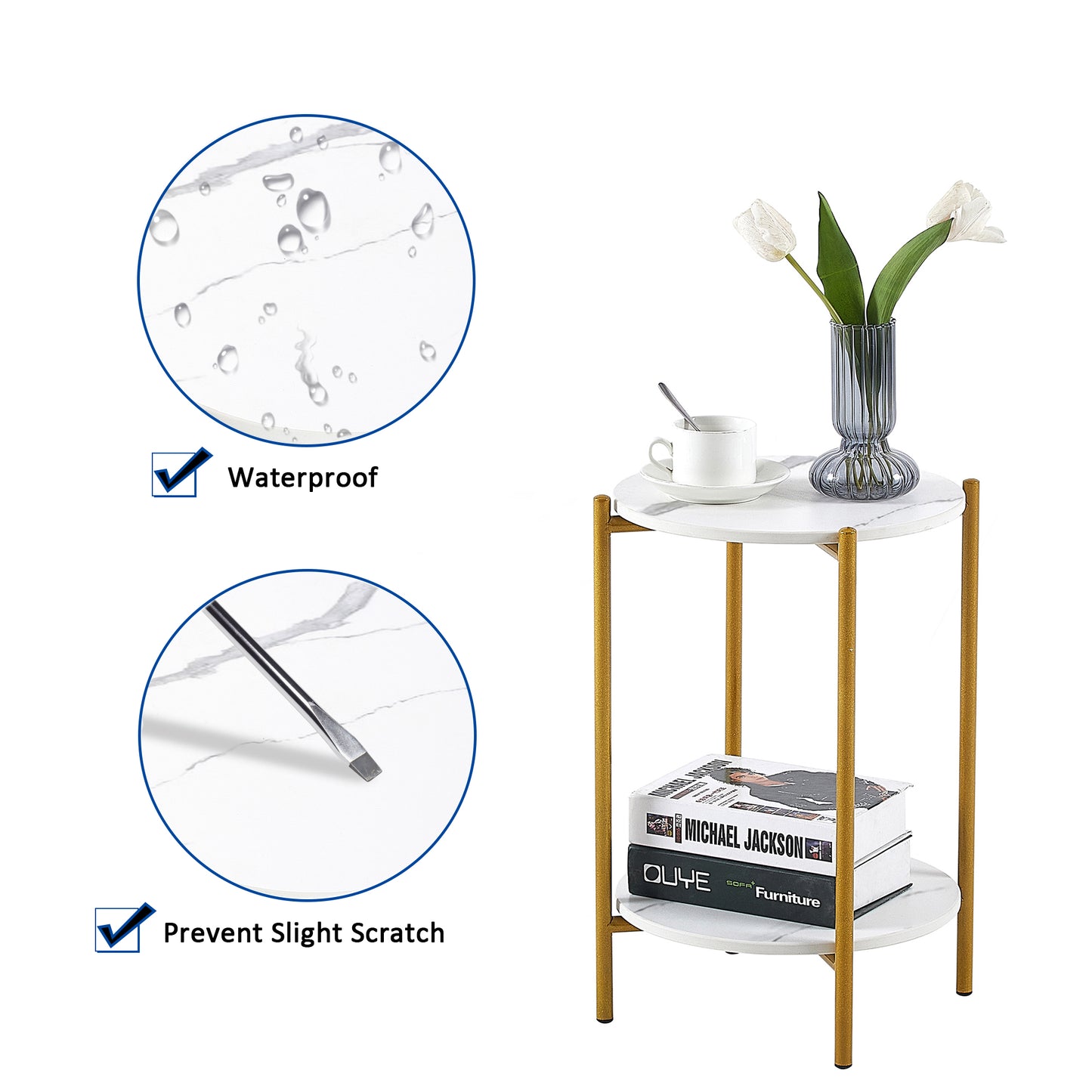2 Layered Indoor and Outdoor Metal Coffee Table for Home and Office- Marble, Golden_4