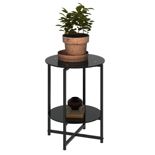 2 Layer Tempered Glass Round Coffee End Table for Home and Office- Black_0
