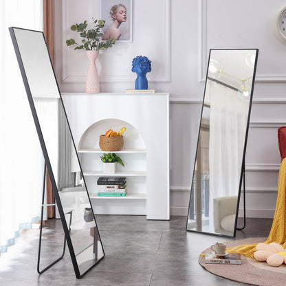 Full-Length Body Mirror with Wooden Frame and Stand Dressing Mirror- Black_7