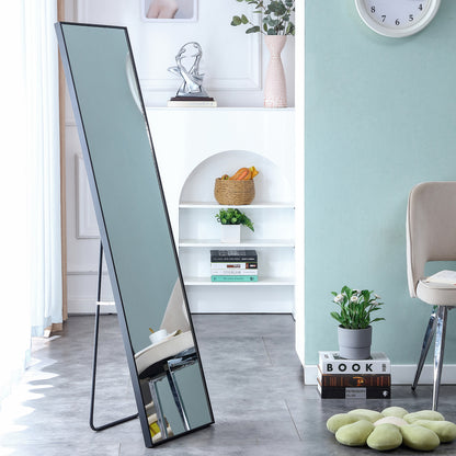 Full-Length Body Mirror with Wooden Frame and Stand Dressing Mirror- Black_8