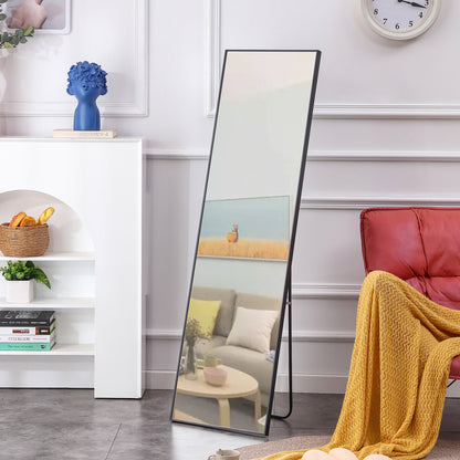 Full-Length Body Mirror with Wooden Frame and Stand Dressing Mirror- Black_6