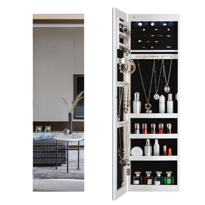 Full Body Mirror and Jewelry Case Storage Cabinet with LED Light- White_4