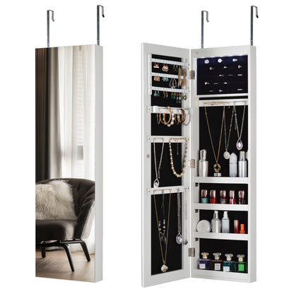 Full Body Mirror and Jewelry Case Storage Cabinet with LED Light- White_5