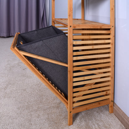 Natural Wooden Organizer  Bamboo Laundry Storage Basket with 2 Tier Shelf_11