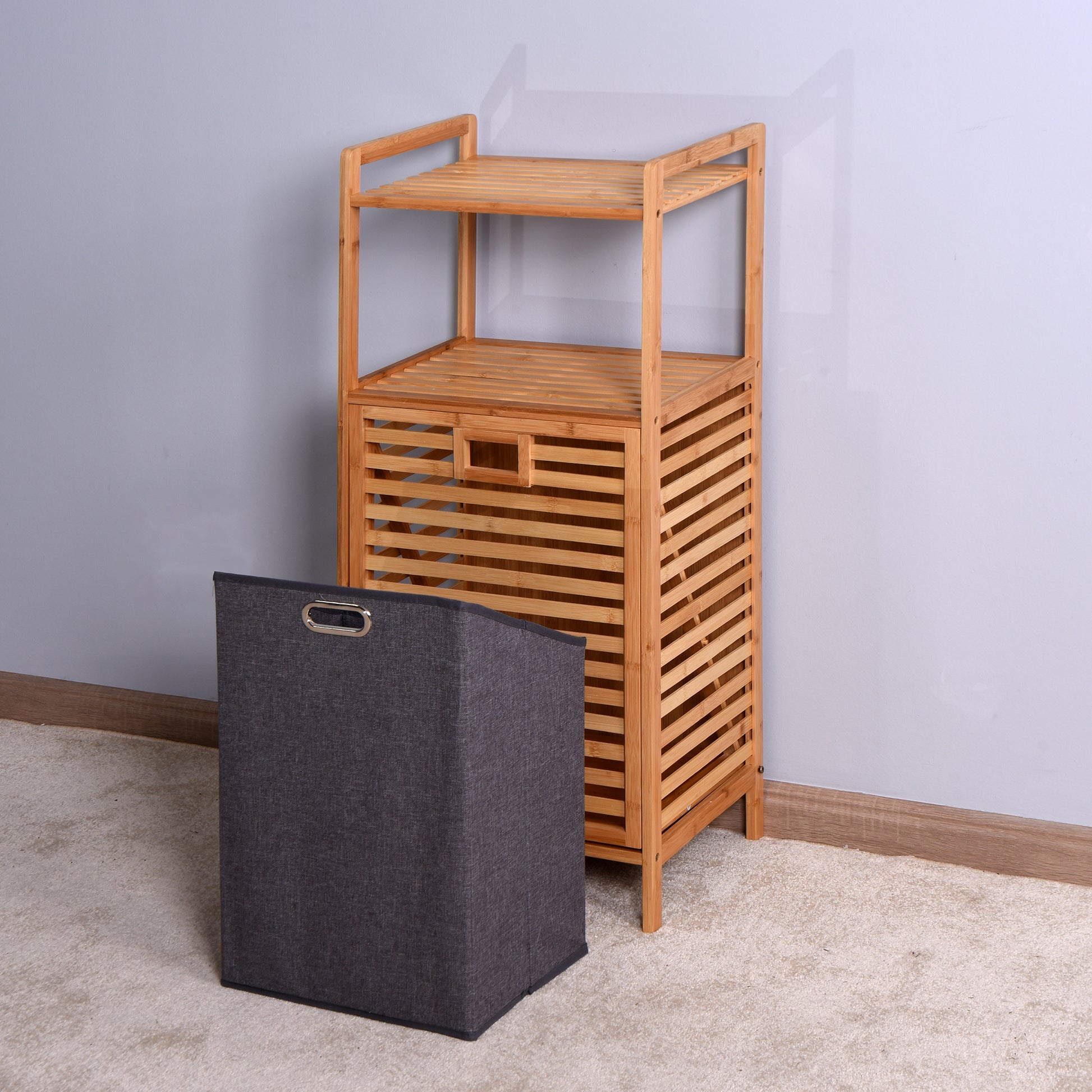 Natural Wooden Organizer  Bamboo Laundry Storage Basket with 2 Tier Shelf_16