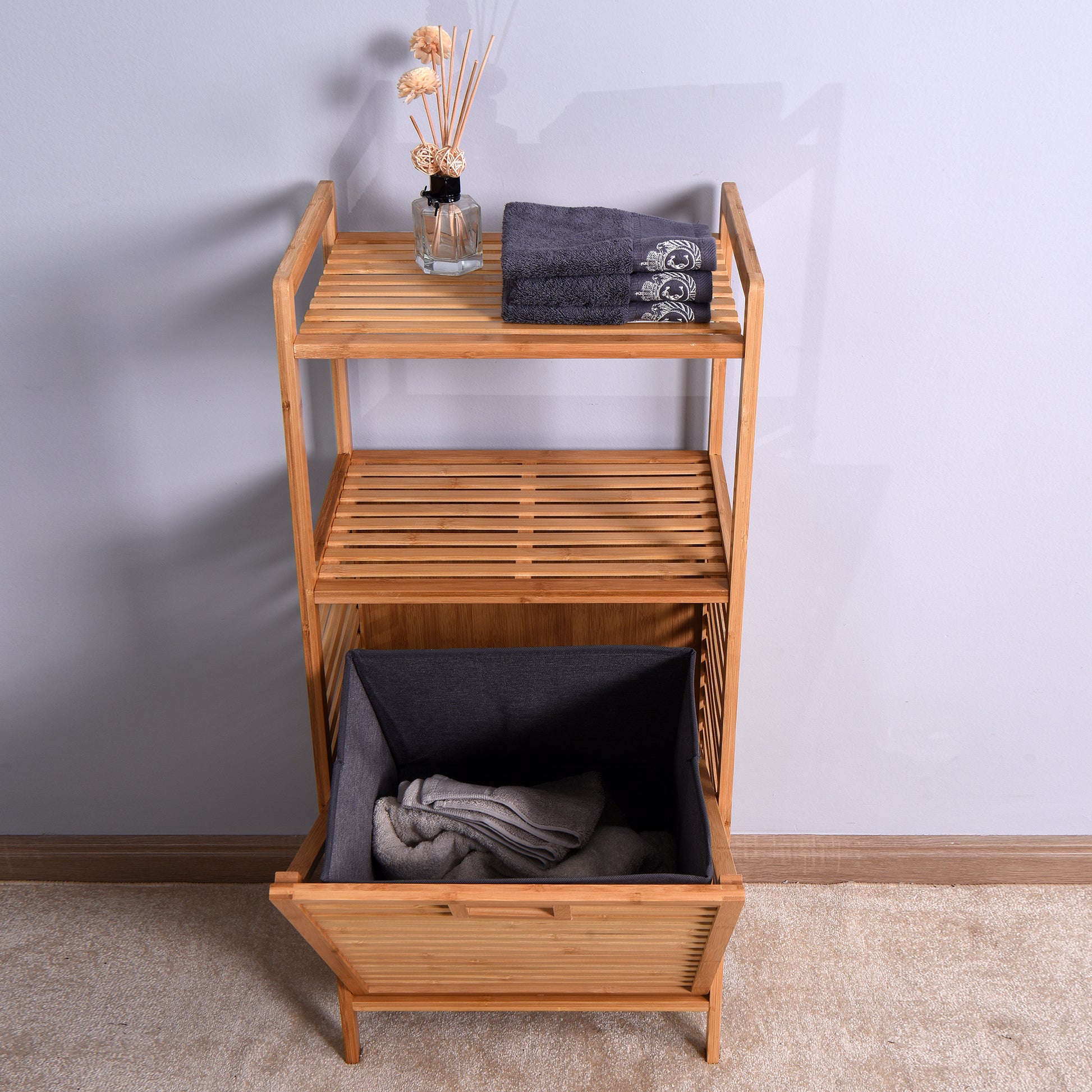 Natural Wooden Organizer  Bamboo Laundry Storage Basket with 2 Tier Shelf_18