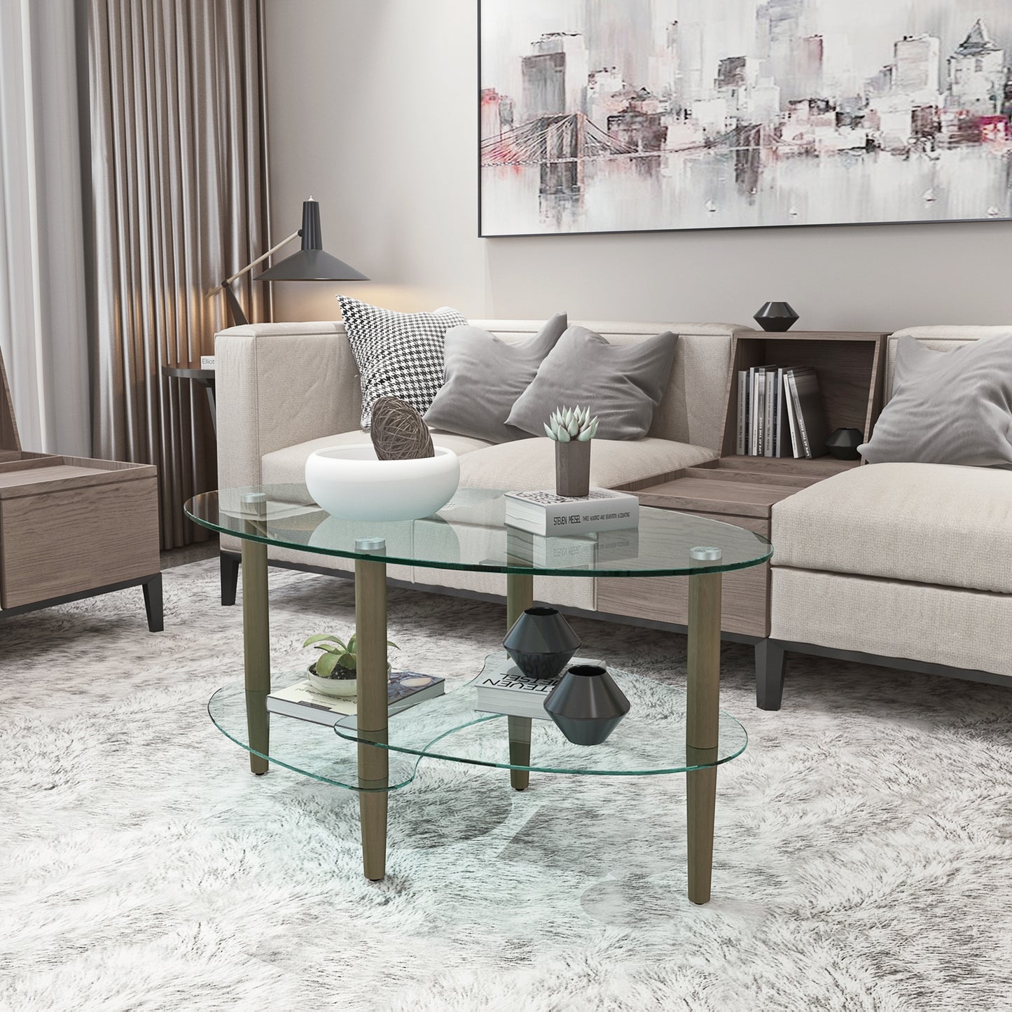 3 Layered Transparent Tempered Glass Oval Modern Coffee Table - Brown_3