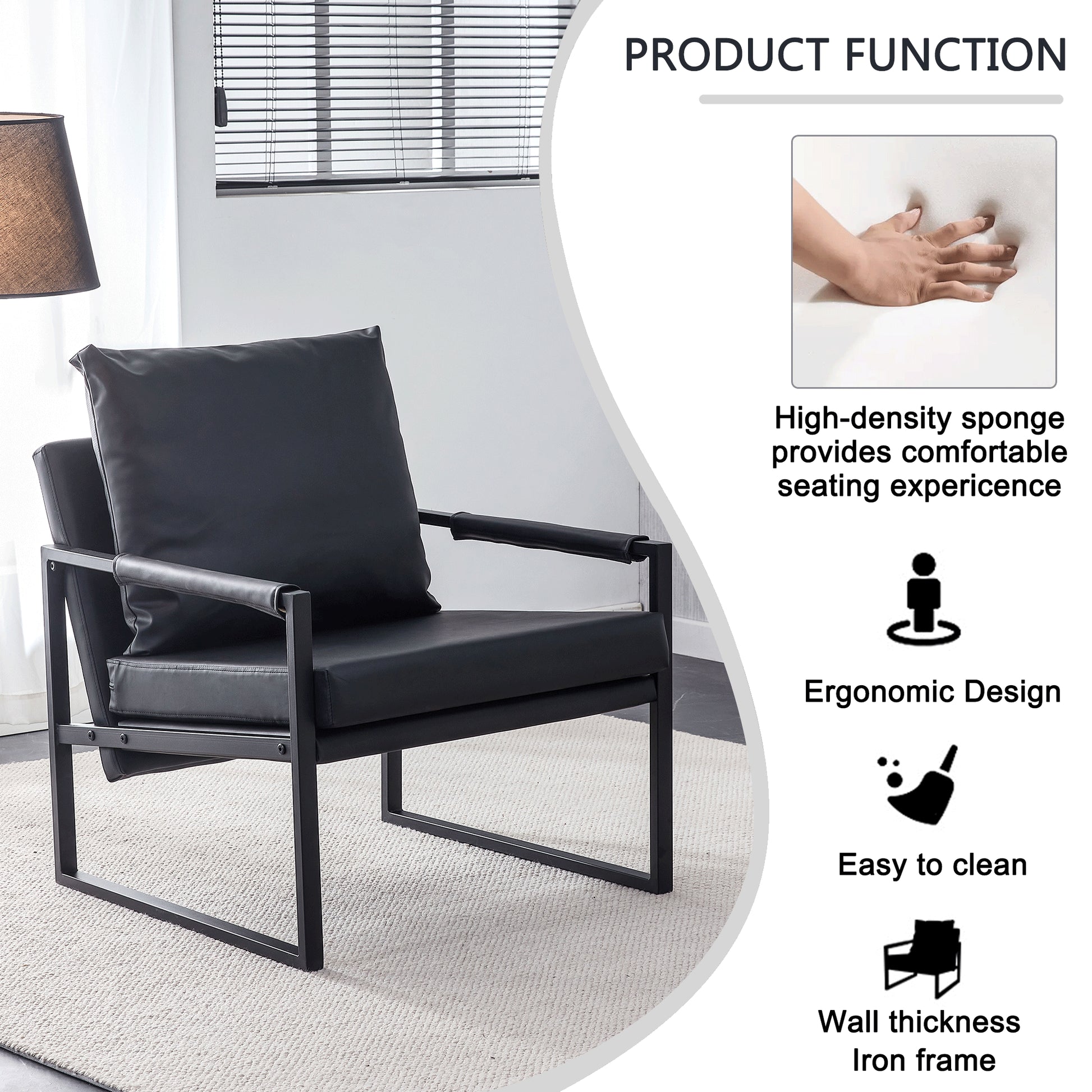 PU Leather Heavily Padded Backrest and Seat Cushion Accent Chair - Black_10