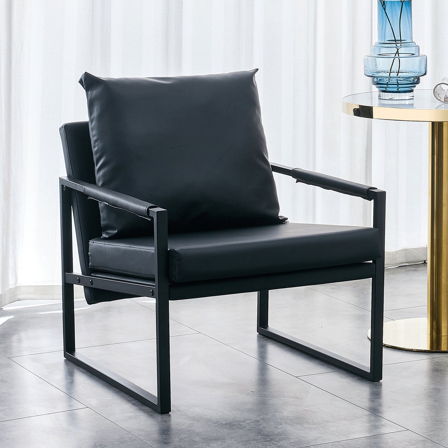 PU Leather Heavily Padded Backrest and Seat Cushion Accent Chair - Black_1