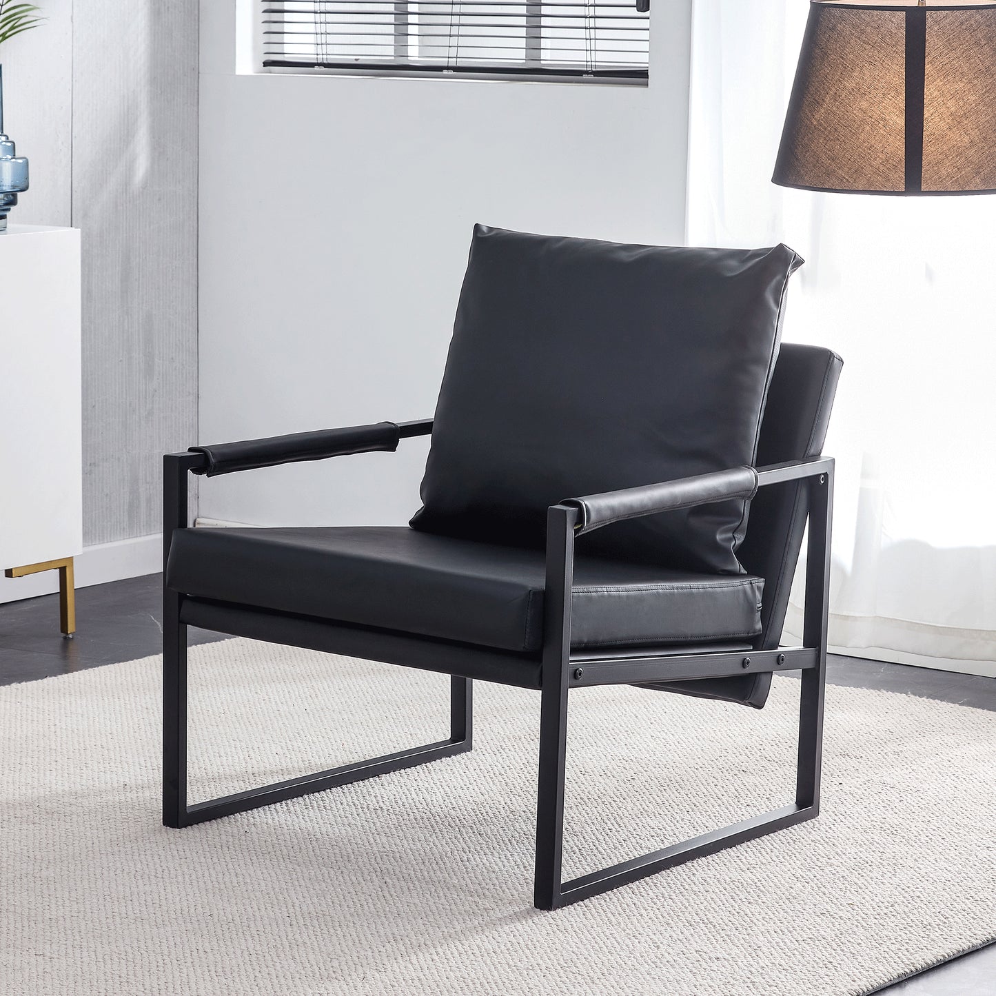 PU Leather Heavily Padded Backrest and Seat Cushion Accent Chair - Black_3