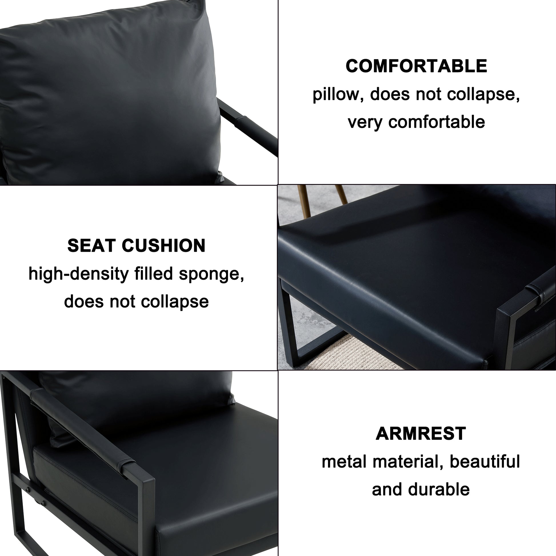 PU Leather Heavily Padded Backrest and Seat Cushion Accent Chair - Black_11