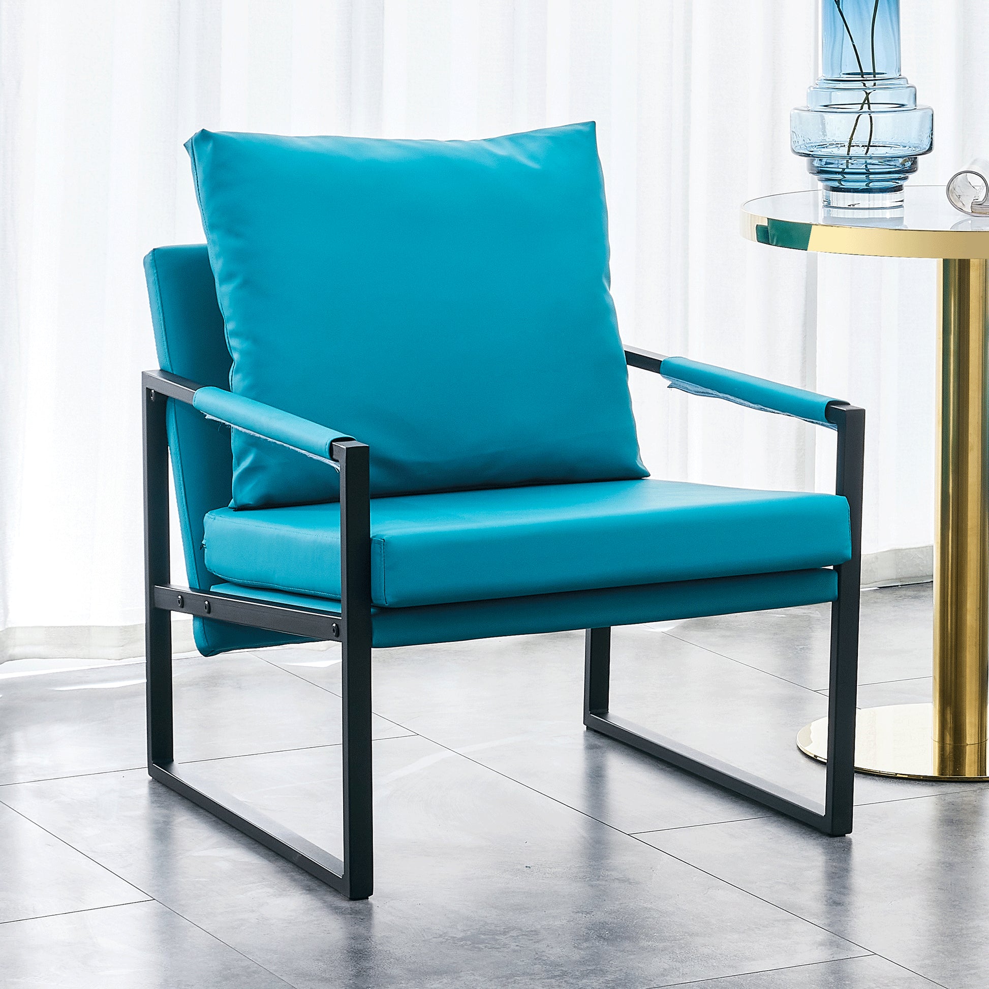 PU Leather Heavily Padded Backrest and Seat Cushion Accent Chair - Cyan_2