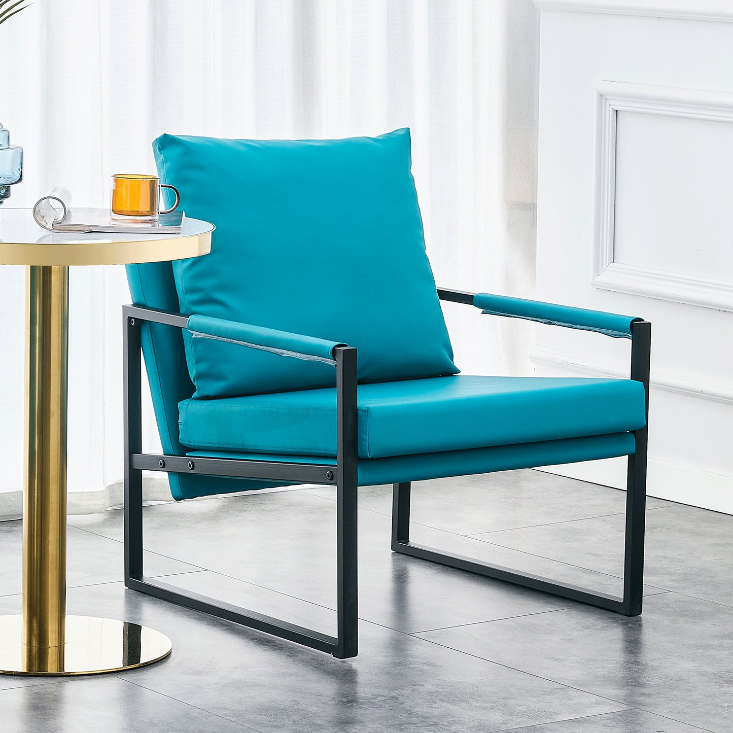 PU Leather Heavily Padded Backrest and Seat Cushion Accent Chair - Cyan_3