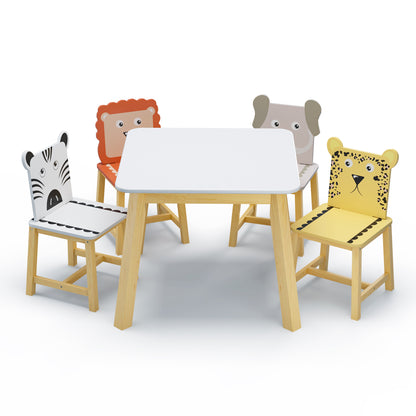 5 Pcs Solid Wood Kiddie Dining and Playing Table and Chair Set- White_8