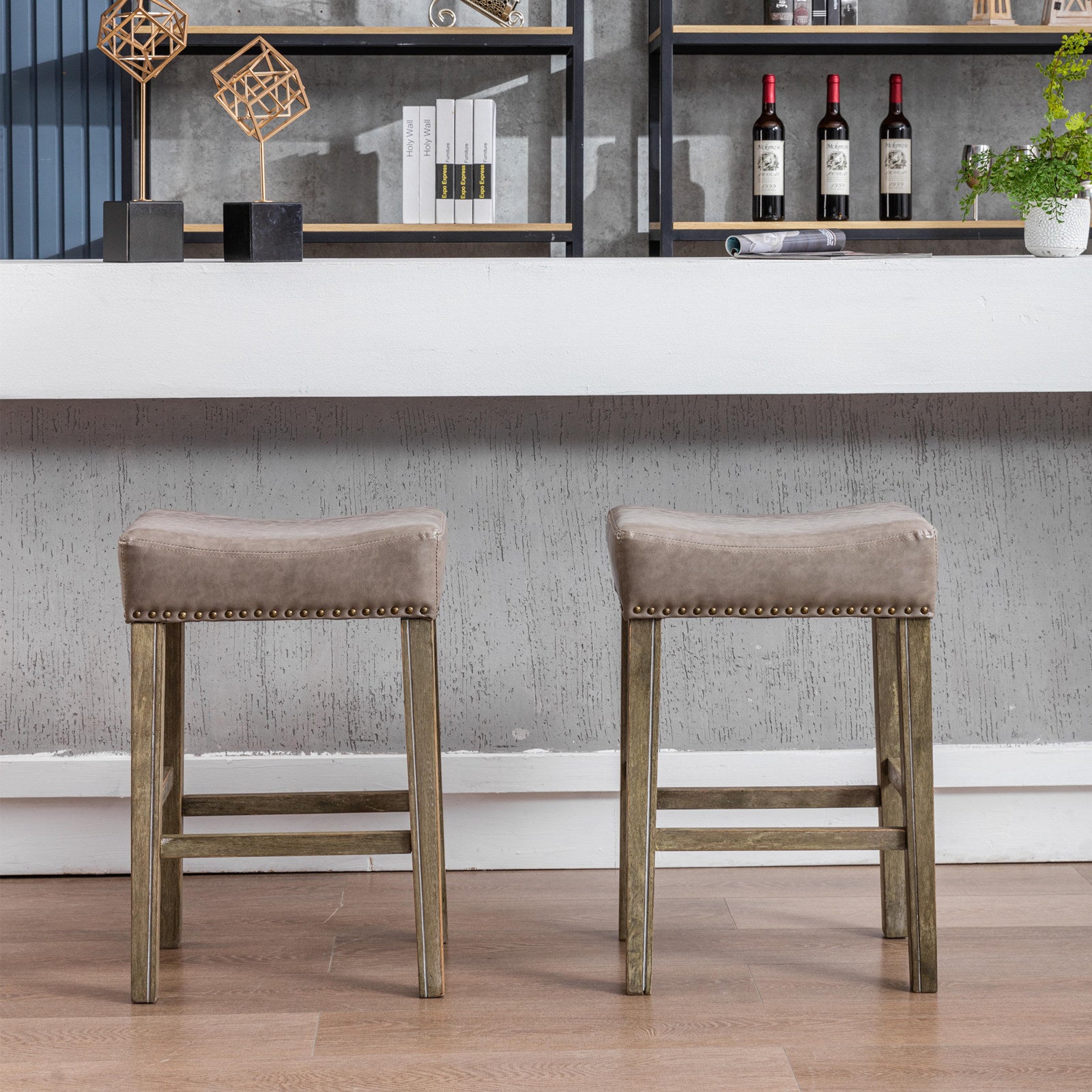 2 pcs Backless Faux Leather Kitchen Counter Soft Sitting Stool Island Chair- Gray_1