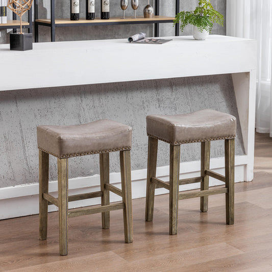 2 pcs Backless Faux Leather Kitchen Counter Soft Sitting Stool Island Chair- Gray_0