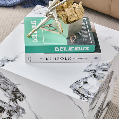 Modern Designed Faux Marble Style Coffee Table Cube Wooden Nightstand_7