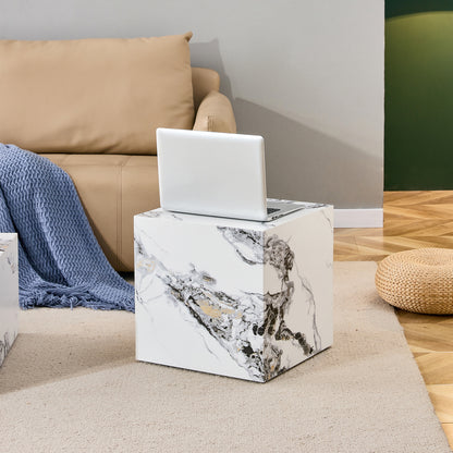 Modern Designed Faux Marble Style Coffee Table Cube Wooden Nightstand_2