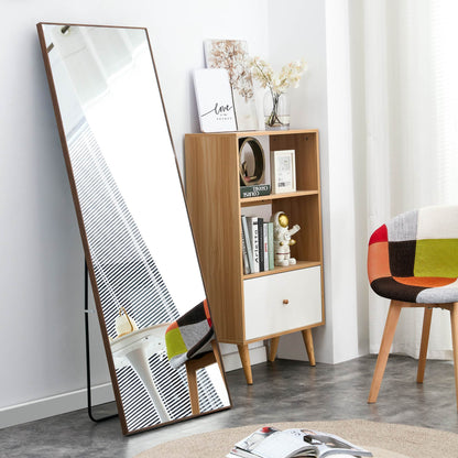 Wall Mounted Solid Wood Frame Full Length Dressing Mirror with Stand- Brown_5