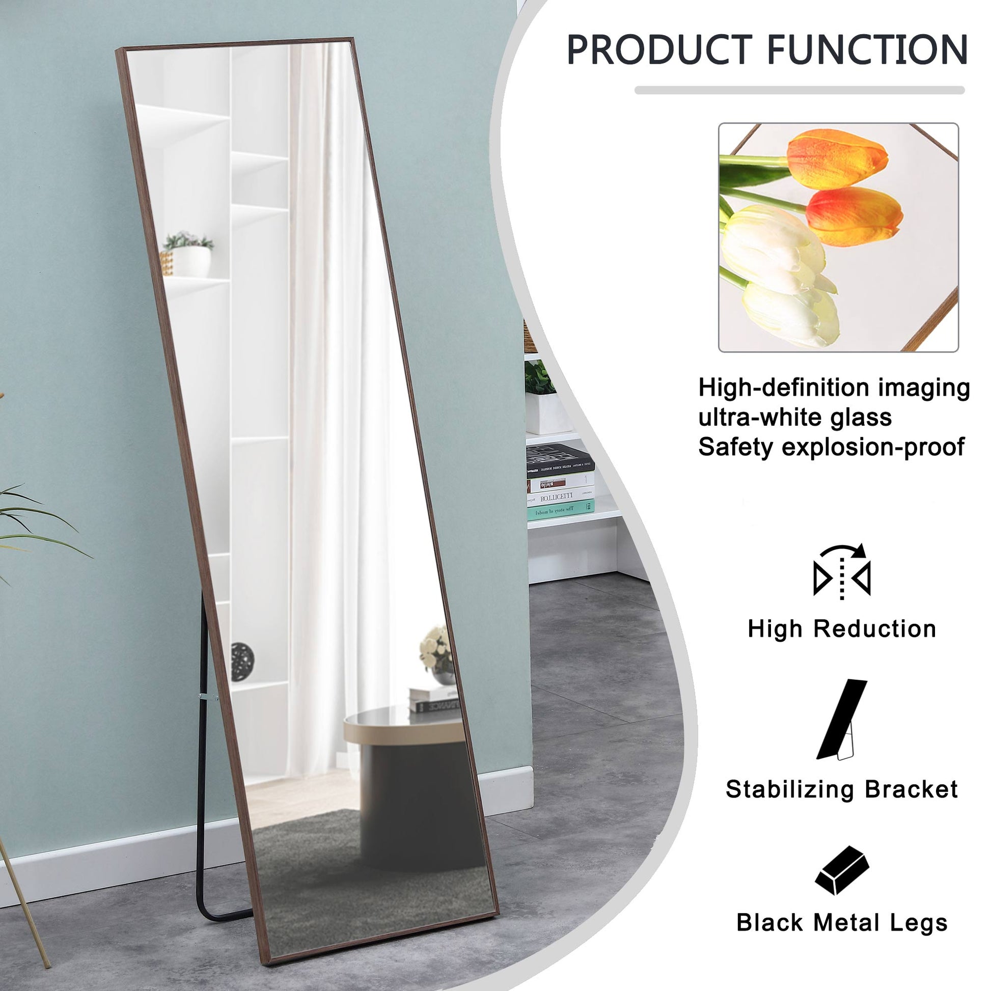 Wall Mounted Solid Wood Frame Full Length Dressing Mirror with Stand- Brown_6