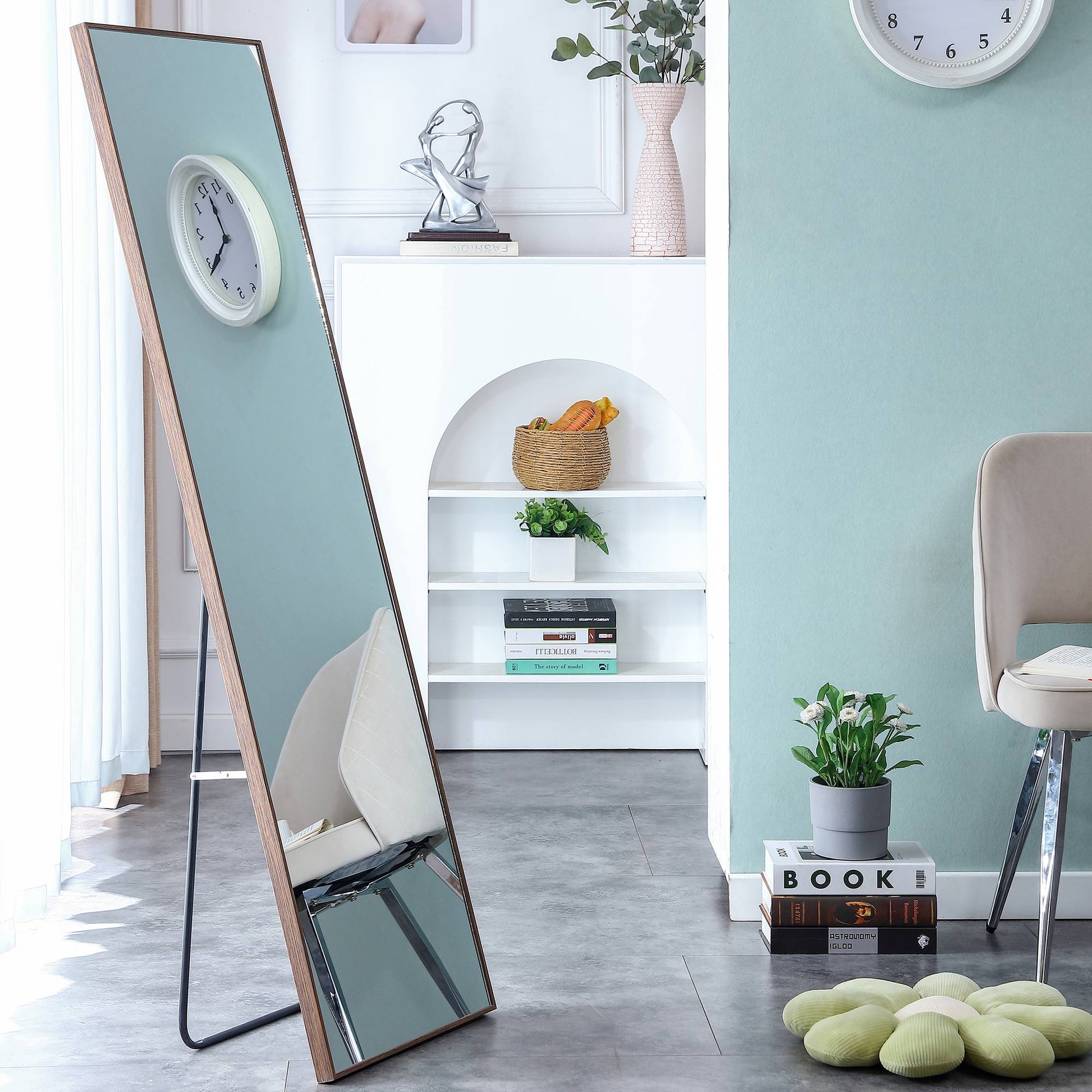 Wall Mounted Solid Wood Frame Full Length Dressing Mirror with Stand- Brown_8
