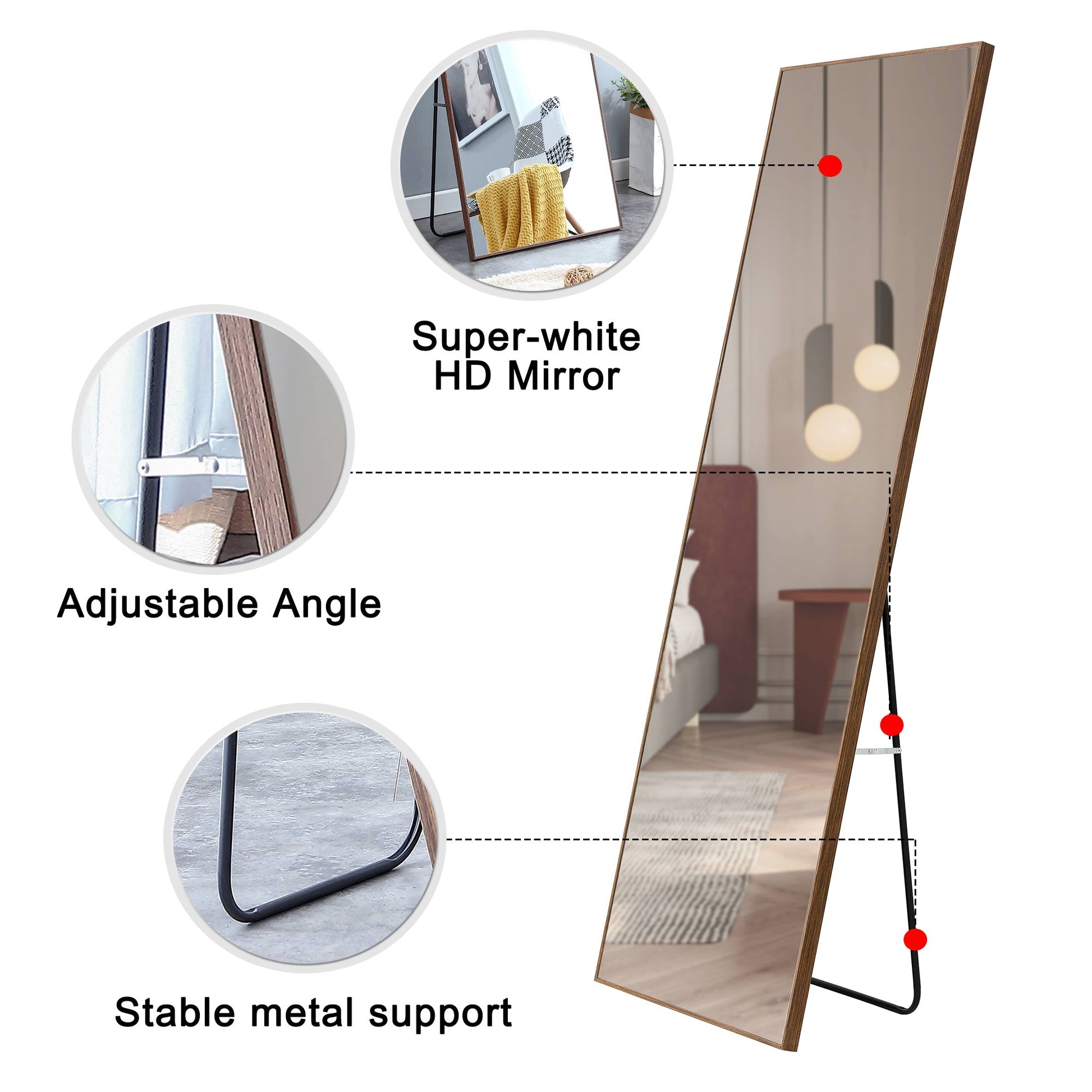 Wall Mounted Solid Wood Frame Full Length Dressing Mirror with Stand- Brown_16