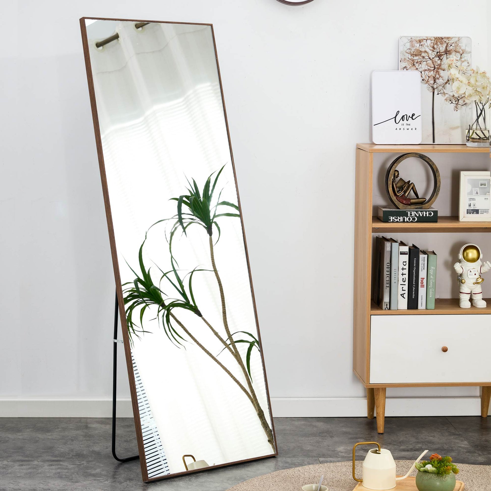 Wall Mounted Solid Wood Frame Full Length Dressing Mirror with Stand- Brown_2